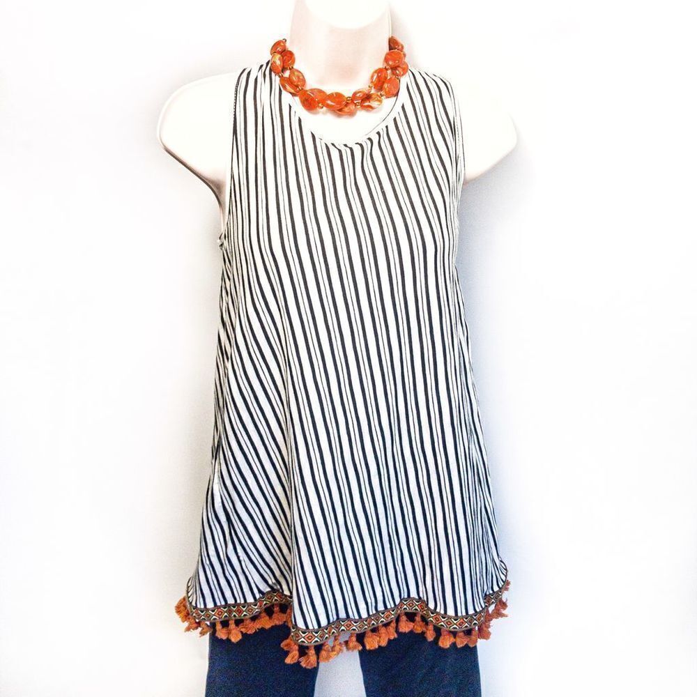 Anthropologie W5 Striped Tunic Tank Fringed Sz L Plus Necklace